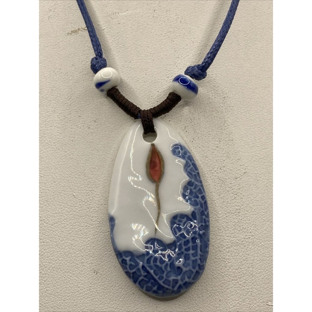 Blue‎ White Porcelain Pendant 20" Cord Adjustable Necklace Hand Painted
